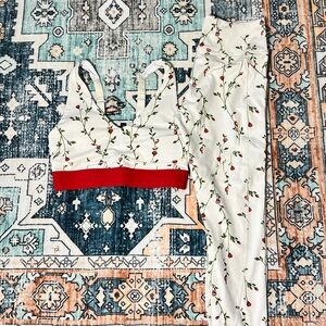Fabletics White Floral Active Set with Red Rose Accents